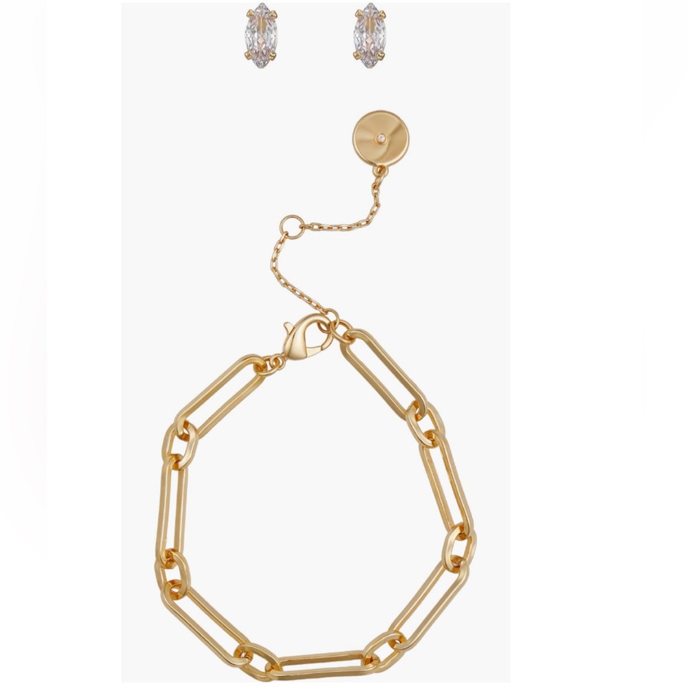 Vince Camuto 14k Gold Plated Paperclip Chain Bracelet with CZ Earrings - Picture 5 of 7